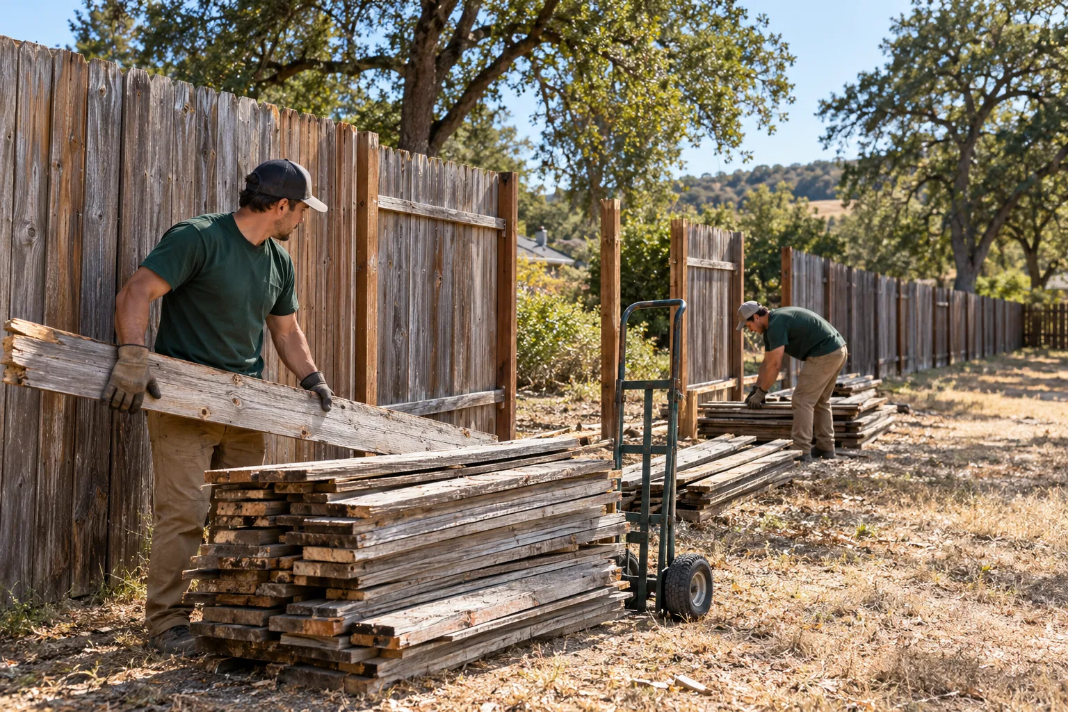 Crew carrying out controlled backyard structure removal work